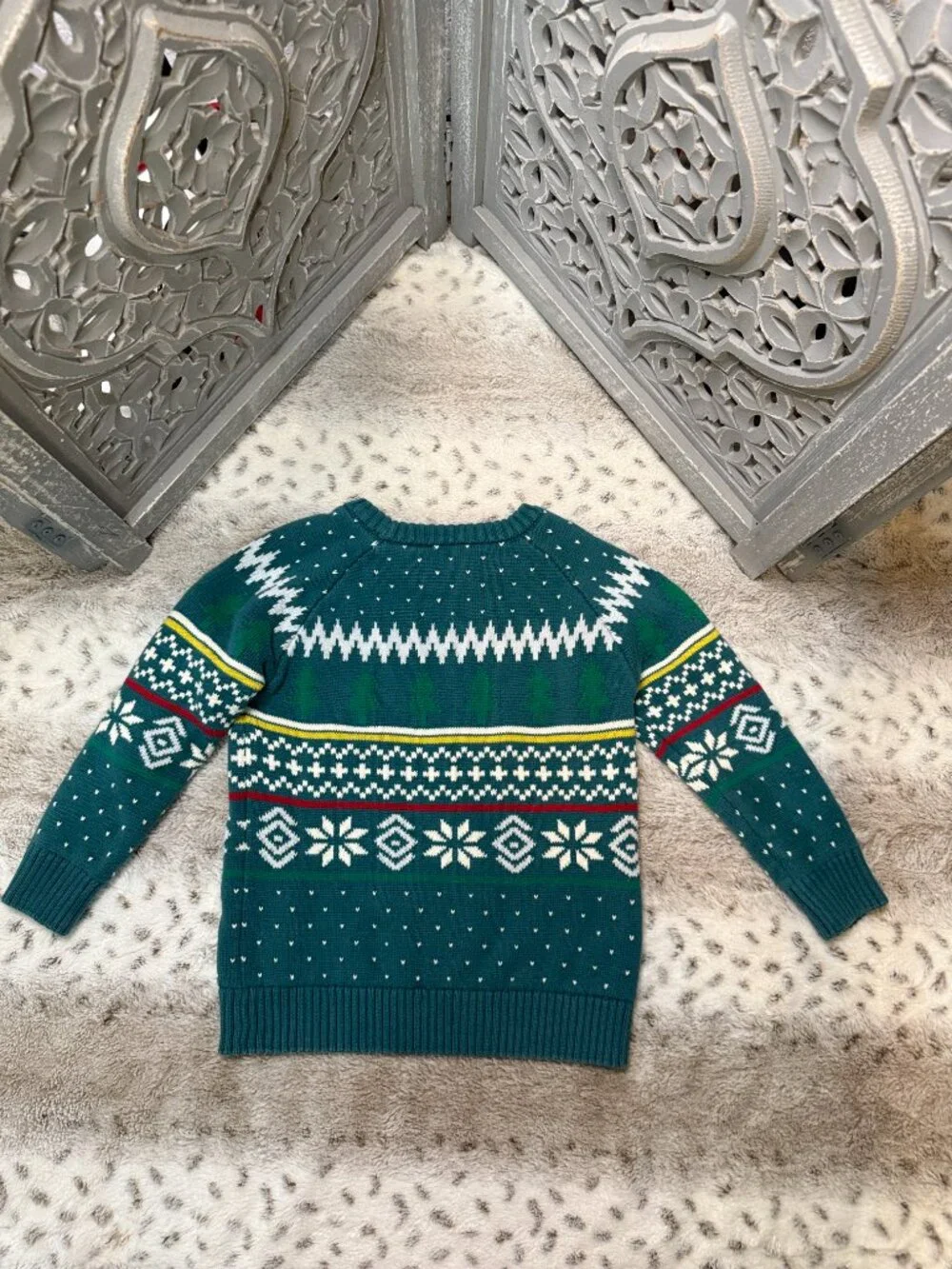 Hanna Andersson green Ugly Christmas Sweater boys 5T snowflakes trees winter